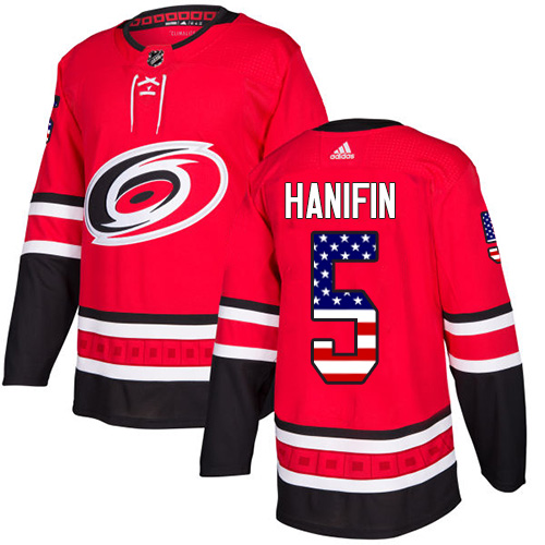 Adidas Hurricanes #5 Noah Hanifin Red Home Authentic USA Flag Stitched NHL Jersey